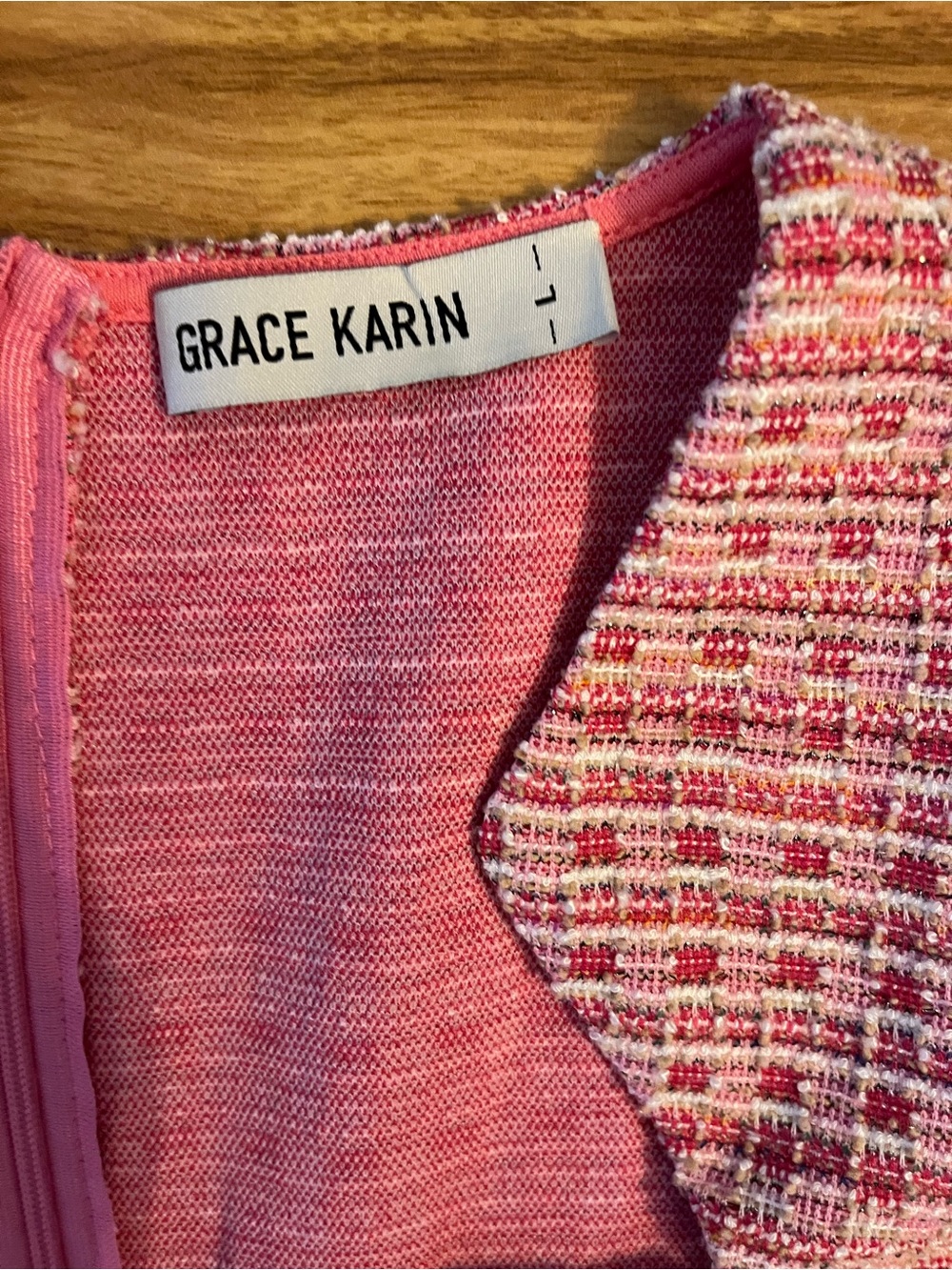 Grace Karin Pink Square-Neck Midi Tweed Dress with Flounce Hem - Picture 3 of 4